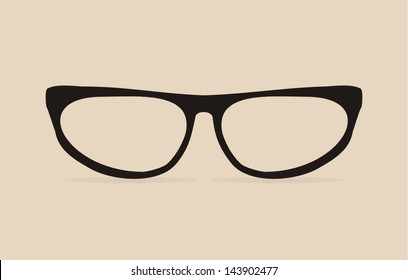 Black cat eyes vector glasses with thick holder - retro hipster illustration isolated on beige background. Medical huge eye glasses flat design shilouette. Sign of intelligence and secretary job