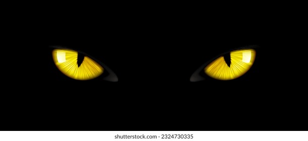 Black cat eyes, yellow glowing, intense, striking and mesmerizing panther pupils pierce through the darkness, evoking mystery, felines enigmatic power and enchantment. Vector Halloween background