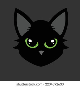  black cat face with big eyes in night. Cat face with green eyes. Front view. Vector Illustration.