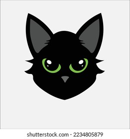 black cat face with big eyes in night on white background. Cat face with green eyes. Front view. Vector Illustration.