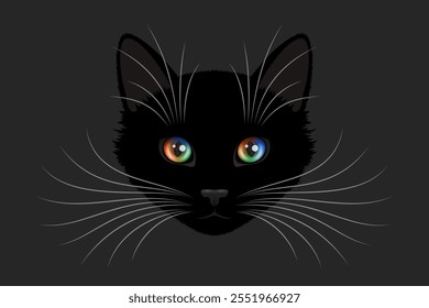 Cara negra del gato con los ojos multicolores brillantes y los bigotes tupidos grandes sobre fondo oscuro, retrato lindo del animal doméstico, diseño creativo