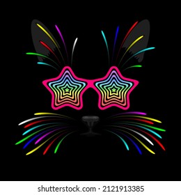 Black cat face with bright shining colored vibrissae, wearing colorful trendy crazy glasses with frames shaped like stars and hypnotic patterns, over black background. Funny fashionable disco pet