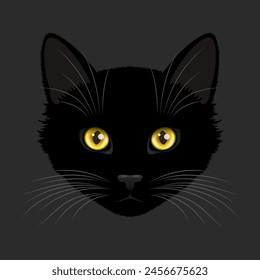 Cara de gato negro con ojos amarillos brillantes y grandes vibraciones, sobre fondo gris oscuro, diseño creativo con mascota linda