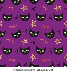 Black cat face cartoon seamless pattern purple background for wrapping and wallpaper. Halloween concept