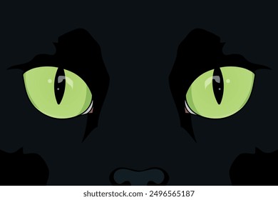 Black cat face close up. Feline eyes. Black cat with green eyes. Vector illustration