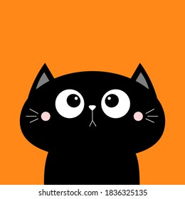 Black cat face head icon. Kawaii animal. Cute cartoon character. Black silhouette. Baby card. Big eyes. Flat design. Notebook cover, tshirt, greeting card, sticker print. Orange background. Vector