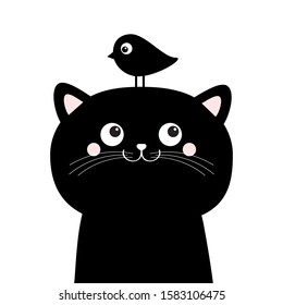 Black cat face head silhouette looking up to bird. Cute cartoon character. Kawaii animal sticker. Baby card. Happy emotion. Pet collection. Flat design. White background. Isolated. Vector illustration