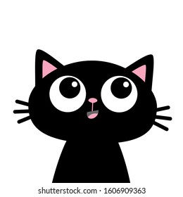 Black cat face head silhouette looking up. Cute cartoon character. Kawaii smiling animal. Baby card. Pet collection. Flat design style. Isolated. White background. Vector illustration