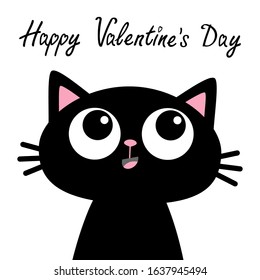 Black cat face head silhouette looking up. Happy Valentines Day. Cute cartoon character. Kawaii smiling animal. Baby card. Pet collection. Flat design style. Isolated. White background. Vector