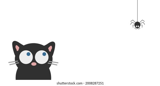 Black cat face head silhouette looking up to three hanging on line web spider insect. Cute cartoon character. Kawaii animal. Baby pet collection. Flat design White background. Isolated. Vector