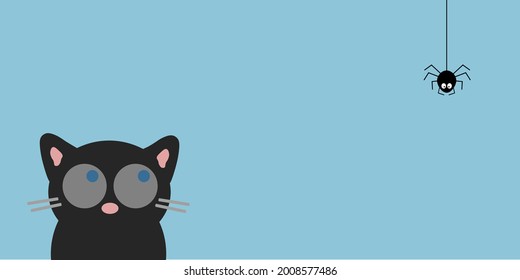 Black cat face head silhouette looking up to three hanging on line web spider insect. Cute cartoon character. Kawaii animal. Baby pet collection. Flat design Blue background. Isolated. Vector