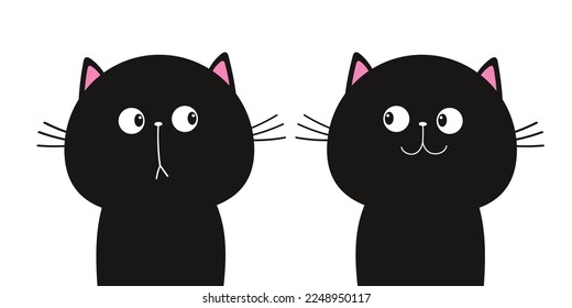 Juego de iconos de silueta de la cara del gato negro. Colección de mascotas. Funny kawaii triste sonriente animal de doodle. Personaje de dibujos animados. mejillas rosadas. Diseño plano. Fondo del bebé. Vector