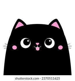 Black cat face head silhouette showing tongue. Pink cheeks. Cute cartoon character. Kawaii kitten animal. Baby card. Pet collection. Flat design. Sticker print. White background. Isolated. Vector