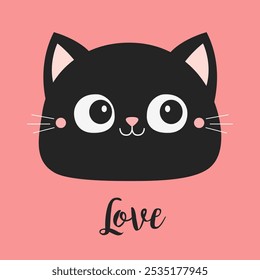 Black cat face head silhouette. Happy Valentines Day. Love Greeting card. Smiling kitty kitten. Cute cartoon character. Flat design. Childish style. Pink background. Isolated. Vector illustration