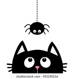 Black cat face head silhouette looking up to hanging on dash line web spider insect. Cute cartoon character. Kawaii animal. Baby card. Pet collection. Flat design White background. Isolated. Vector