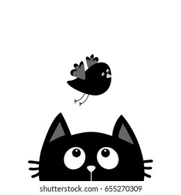 Black cat face head silhouette looking up to flying bird. Cute cartoon character. Kawaii animal. Baby card. Pet collection. Flat design style. White background. Isolated. Vector illustration