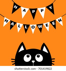 Black cat face head silhouette looking up to Bunting flags letters Happy Halloween. Flag garland. Party decoration element. Hanging text on rope thread. Flat design. Orange background. Vector
