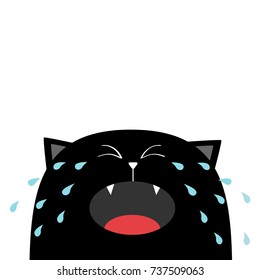 Black cat face head silhouette screaming crying tears. Cute cartoon character. Kawaii animal. Baby card. Pet collection. Flat design style. White background. Isolated. Vector illustration