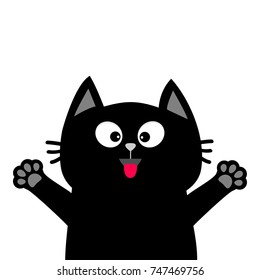 Black cat face head, tongue paw print silhouette. Adopt me. Cute cartoon character. Help animal Pet adoption Flat design White background. Isolated. Vector illustration