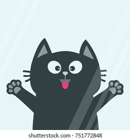 Black cat face head, tongue paw print silhouette licks window glass. Adopt me. Cute cartoon character. Help animal Pet adoption Flat design White background. Isolated. Vector illustration