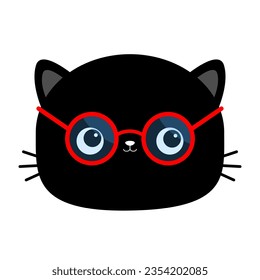 Schwarze Katze Gesicht Kopf mit roten runden Form Sonnenbrillen Brille. Sonnenblase. Blaue Linsen, roter Rahmen. Cute Cartoon kawaii Charakter. Kätzchen in Brille. Weißer Hintergrund. Flaches Design. Vektorgrafik