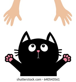 Black cat face looking up to human hand., paw print hug. Cute cartoon funny character. Kawaii animal. Adoption helping hands concept. Love card. Flat design. White background. Vector illustration