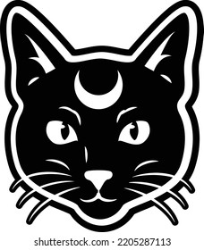 Black cat face with moon forehead vector clip art illustration. witch spiritual graphic.