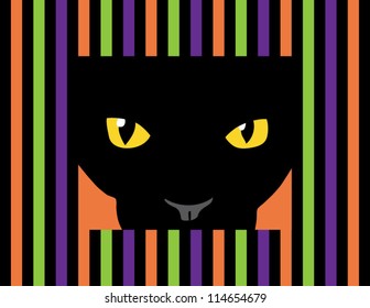 black cat face on striped background