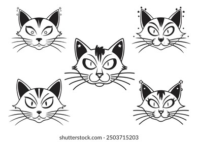 cara de gato negro Conjunto de cabezas de gato con diferentes expresiones tranquilas del hocico. Ilustración vectorial de gato, dibujo de Vector de gato