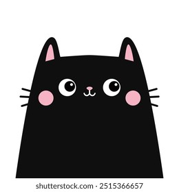 Black cat face silhouette. Eyes, pink nose, ears, cheeks. Cute cartoon baby pet character. Peeking kitten head. Kawaii funny animal. Greeting card. Sticker print. Flat design. White background. Vector