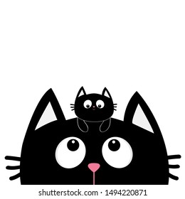 Black cat face silhouette looking up. Baby kitten hanging on the head. Cute cartoon character. Pet adoption. Flat design style. White background. Isolated. Vector illustration