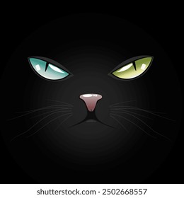 black cat face, with two tone eyes color isolated in black background