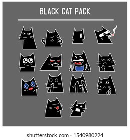 Black Cat Facial Espressions Set, Cat Character Pack.