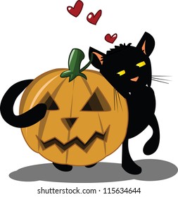 a black cat fallen in love with a pumpkin