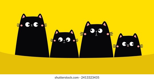 Black cat family set. Four peeking kitten looking up. Cute kawaii cartoon funny boo spooky pet baby character line banner. Happy Valentines day, Halloween. Flat design. Yellow background. Vector