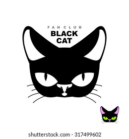Black cat fan club. Logo for pussycat lovers or kitty store. Vector emblem of  pets head.
