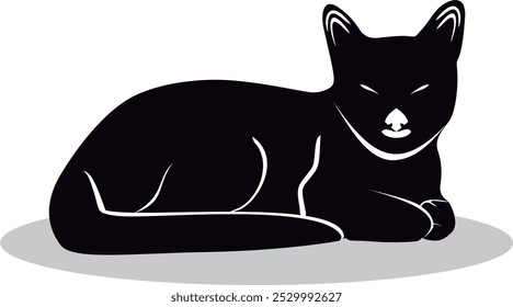 Gato negro con colmillos. Silueta del gato, gato negro agraciado acostado. Gato negro de Halloween de la bruja. Ilustración vectorial aislada en blanco.