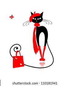 Black cat in fashion clothes with shopping bag for your design