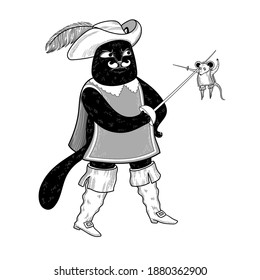 Black Cat fights with a mouse with swords. Musketeers in suits. Funny cartoon characters