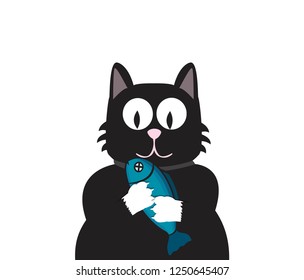 black cat with fish