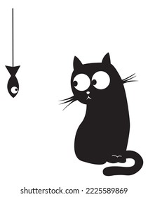 Black cat and fish. Vector illustration