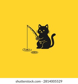 Black cat fishing vector illustration, cute kitten holding fishing rod silhouette on yellow background