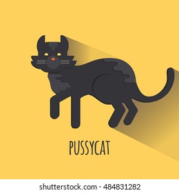 Black cat in flat style. Pussycat with shade on yellow background. Animal illustration. Cute cat icon for web, mobile and print. Vector illustration of halloween black cat. 
