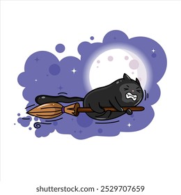 black cat flies on a broom. Halloween kawaii character