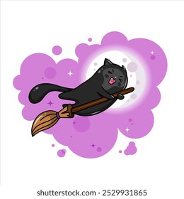  black cat flies on a broom. Halloween kawaii character