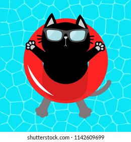Black cat floating on red pool float water circle. Top air view. Hello Summer. Swimming pool water. Sunglasses. Lifebuoy. Cute cartoon relaxing character. Flat design. Vector