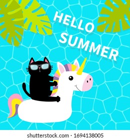 Black cat floating on white unicorn pool float water circle. Swimming pool water. Hello Summer. Top air view. Sunglasses. Lifebuoy. Palm tree leaf. Cute cartoon relaxing character. Flat design. Vector