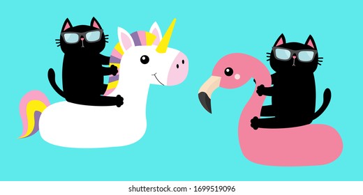 Black cat floating on white flamingo unicorn pool float water circle icon set. Swimming pool water. Sunglasses. Cute cartoon character. Hello Summer. Flat design. Blue background. Isolated. Vector