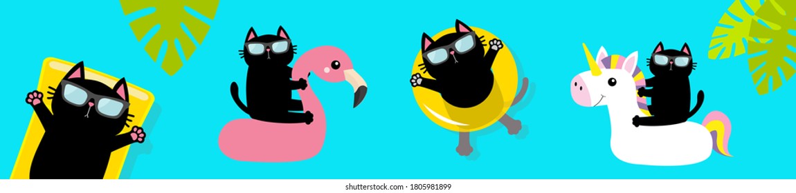 Black cat floating on white flamingo unicorn pool float water circle, mattress. Swimming pool. Hello Summer. Cute cartoon character. Top air view banner. Sunglasses. Palm tree leaf. Flat design Vector