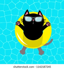 Black cat floating on yellow pool float water circle. Top air view. Hello Summer. Swimming pool water. Sunglasses. Lifebuoy. Cute cartoon relaxing character. Flat design. Vector